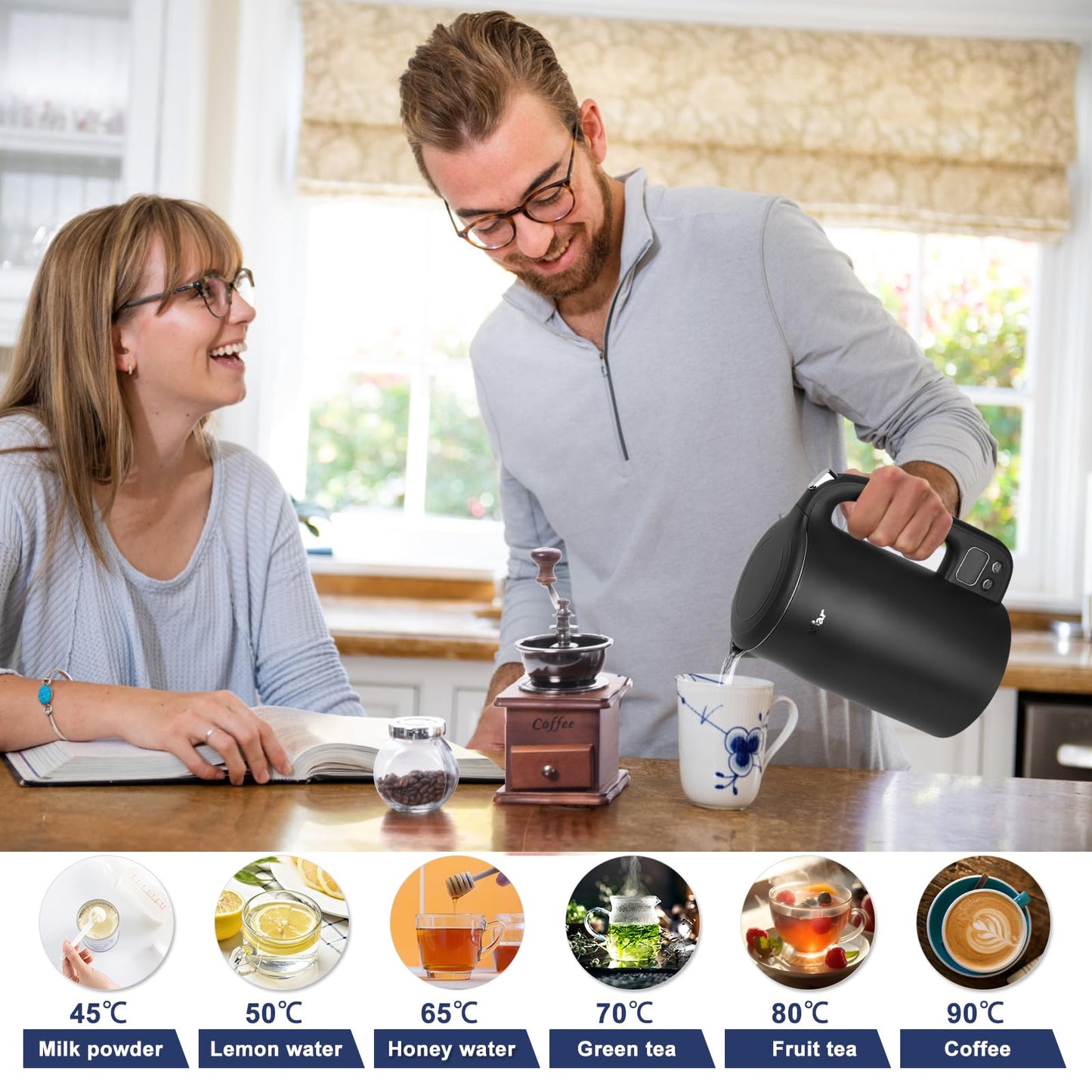 Bear Electric Kettle 1.7L 40C~100C 12 Temperatures Control Kettle Digital Display with Keep Warm Function,1800w 304 Stainless Steel Fast Boil Black