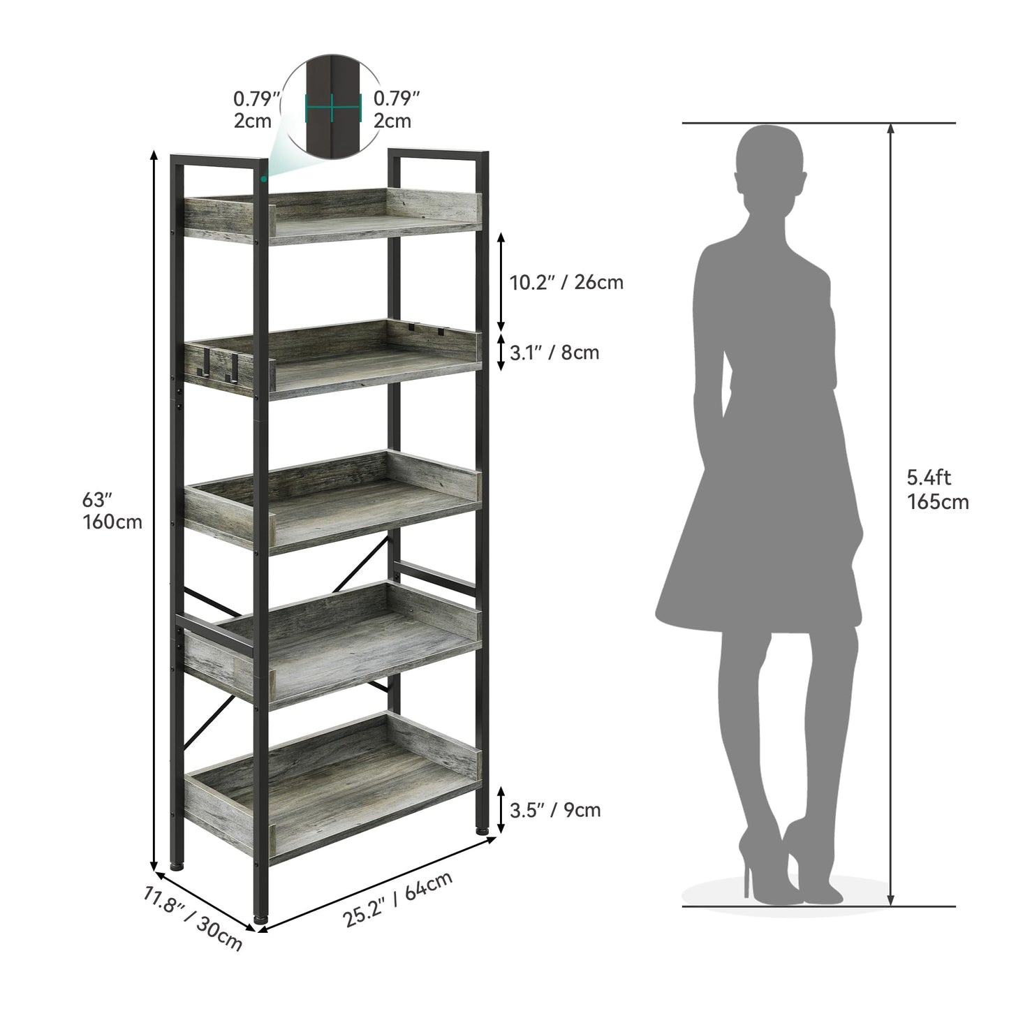 YITAHOME 5 Tier Bookcase, Floorstanding Wooden Shelves with Stable Steel Frame Shelving Unit