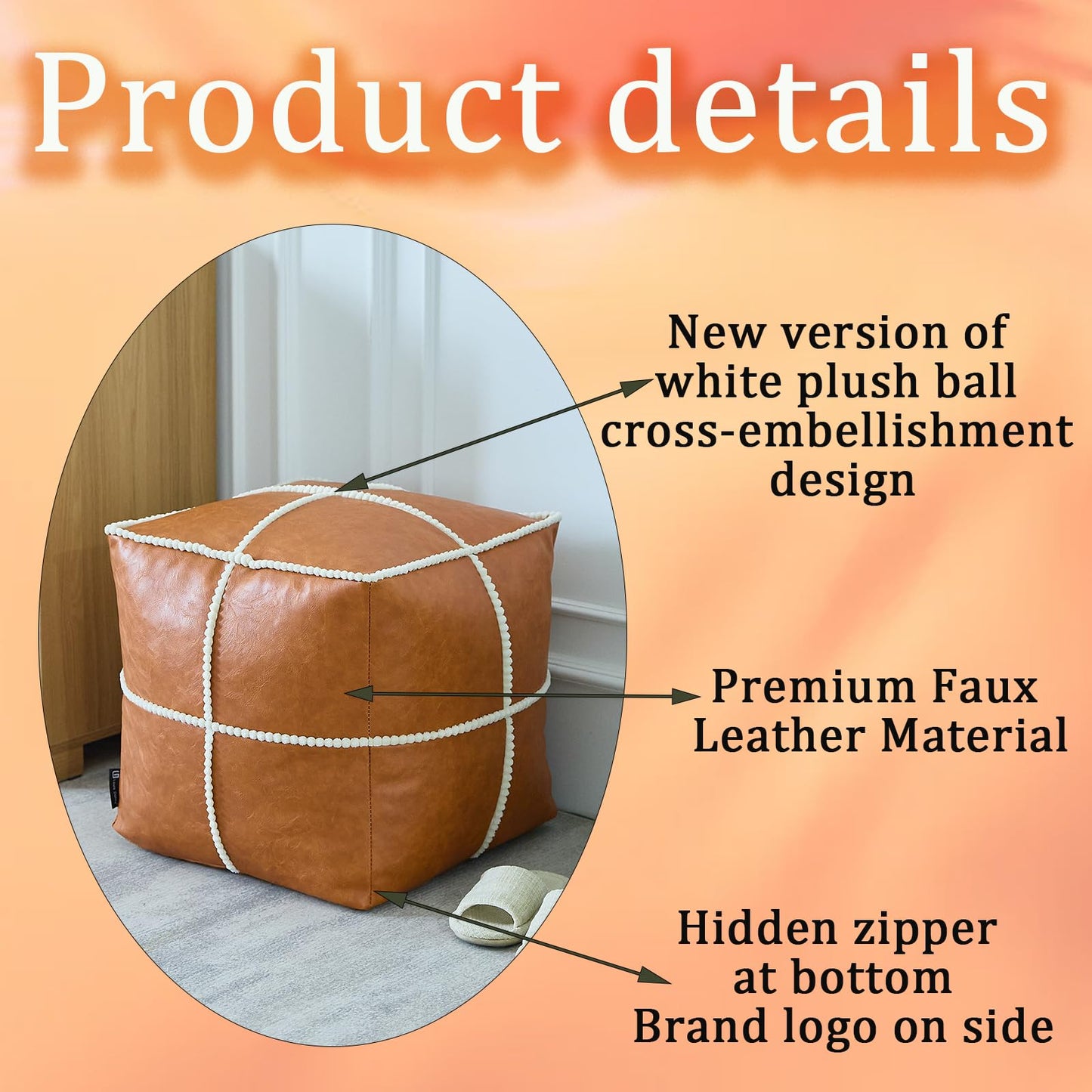 Louis Donne Unstuffed Square Leather Pouf, Supersoft Handmade Ottoman Faux Moroccan Decor, Storage Solution, Footstool, Foot Rest