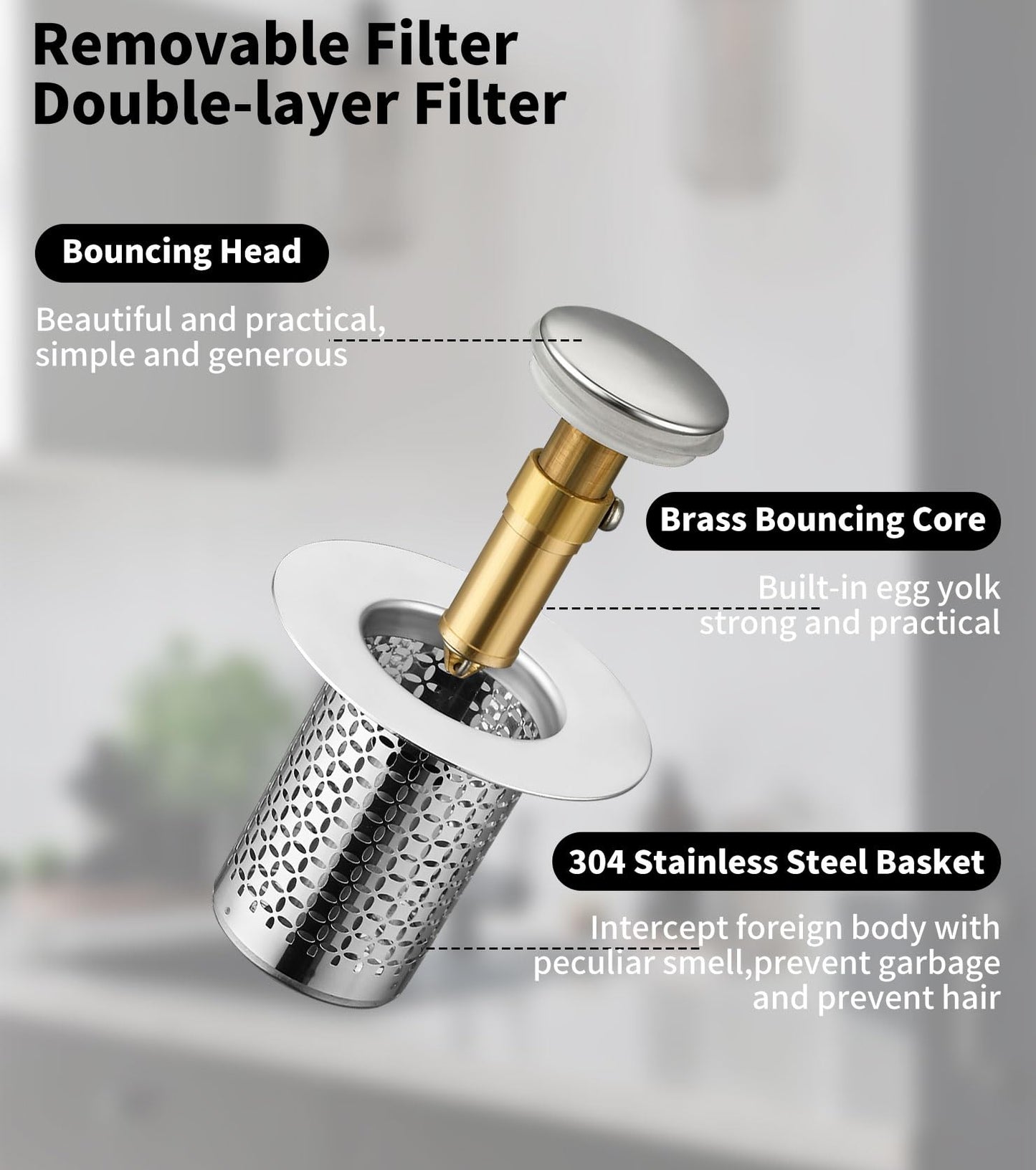 Pack of 2 Stainless Steel Pop Up Drain Strainer, Sink Plug, Sink Plug, Drain Strainer
