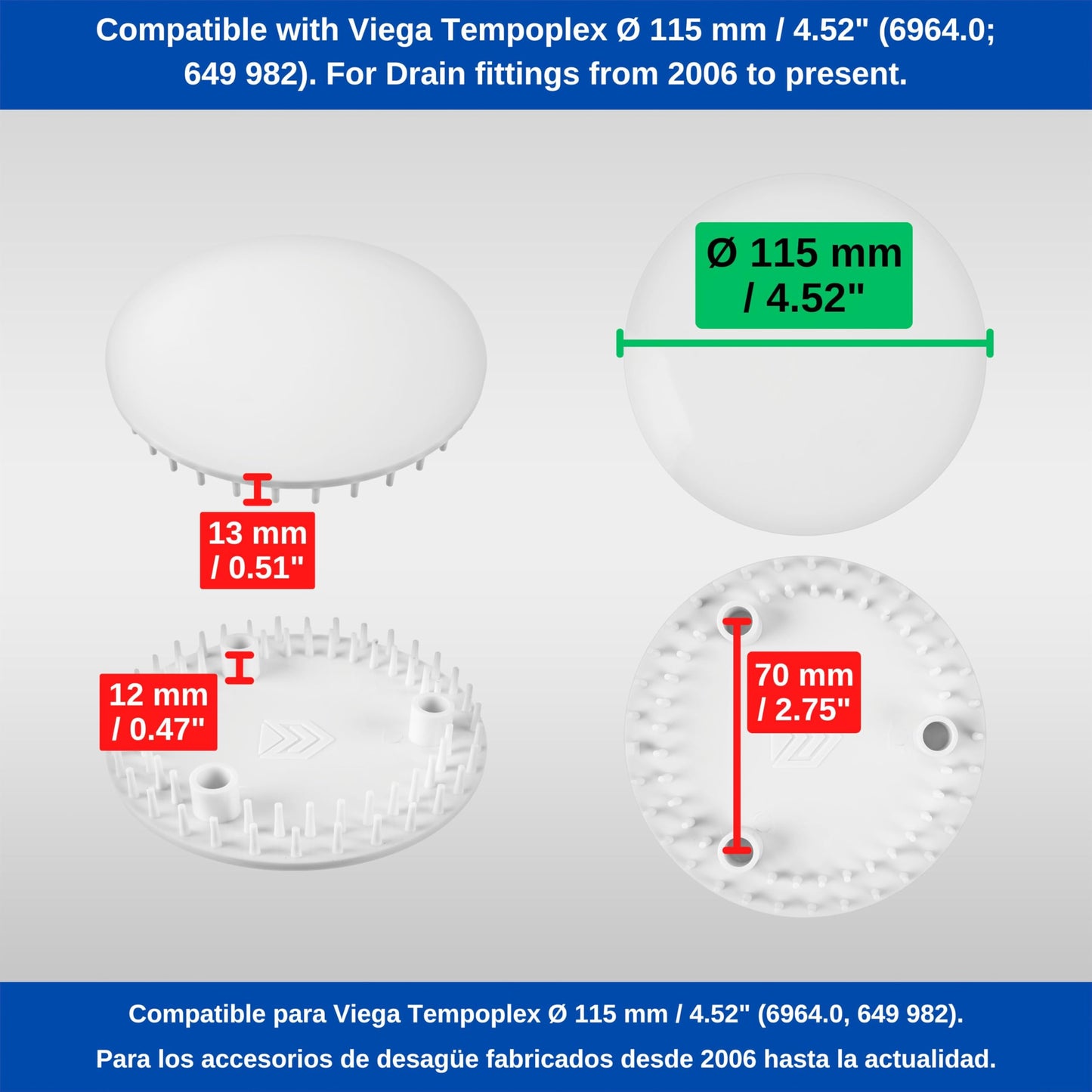 Cover for Shower Drain, Ø 115 mm, Compatible with Viega Tempoplex Drain Set from Year of Construction 2006, Replaces Model 6964.0