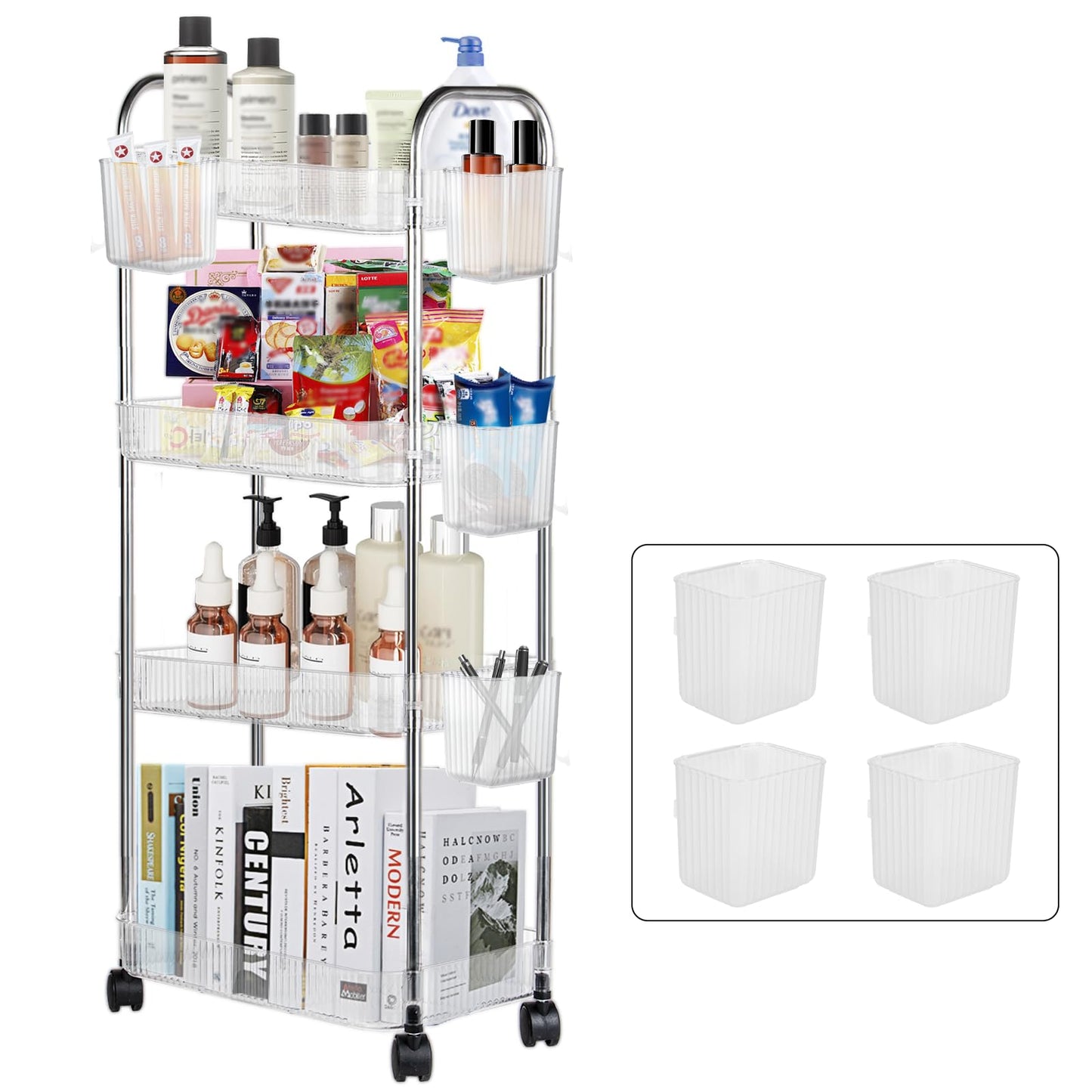 Speclux 4-Tier Clear Acrylic Rolling Storage Trolley on Wheels with Bonus Hanging Cups, Lockable Wheels & Handle