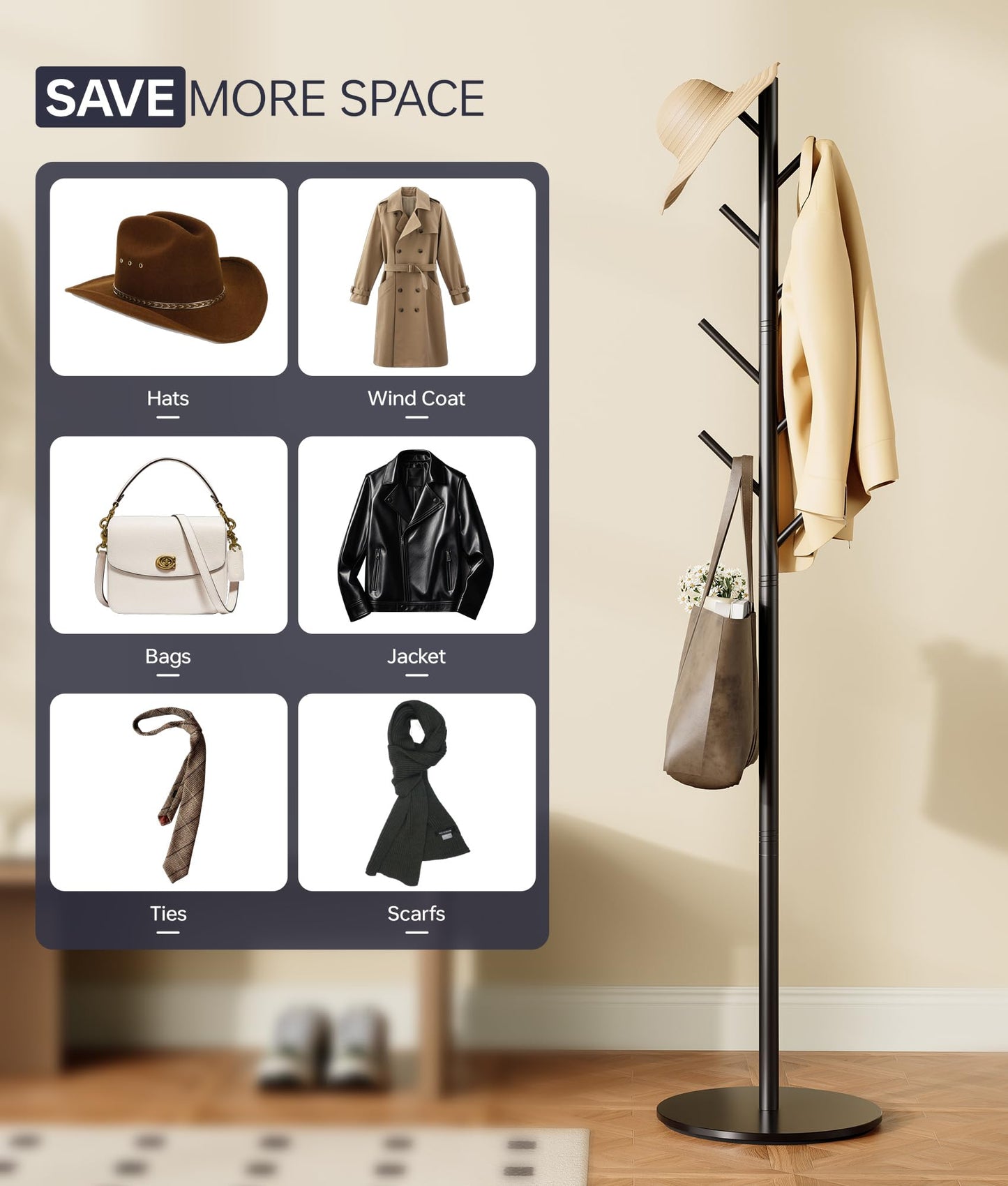 Tujurich Coat Stand with 8 Hooks, 3 Adjustable Heights, Sturdy Metal Coat Rack with Sintered Stone Base, for Hallway, Entrance or Bedroom