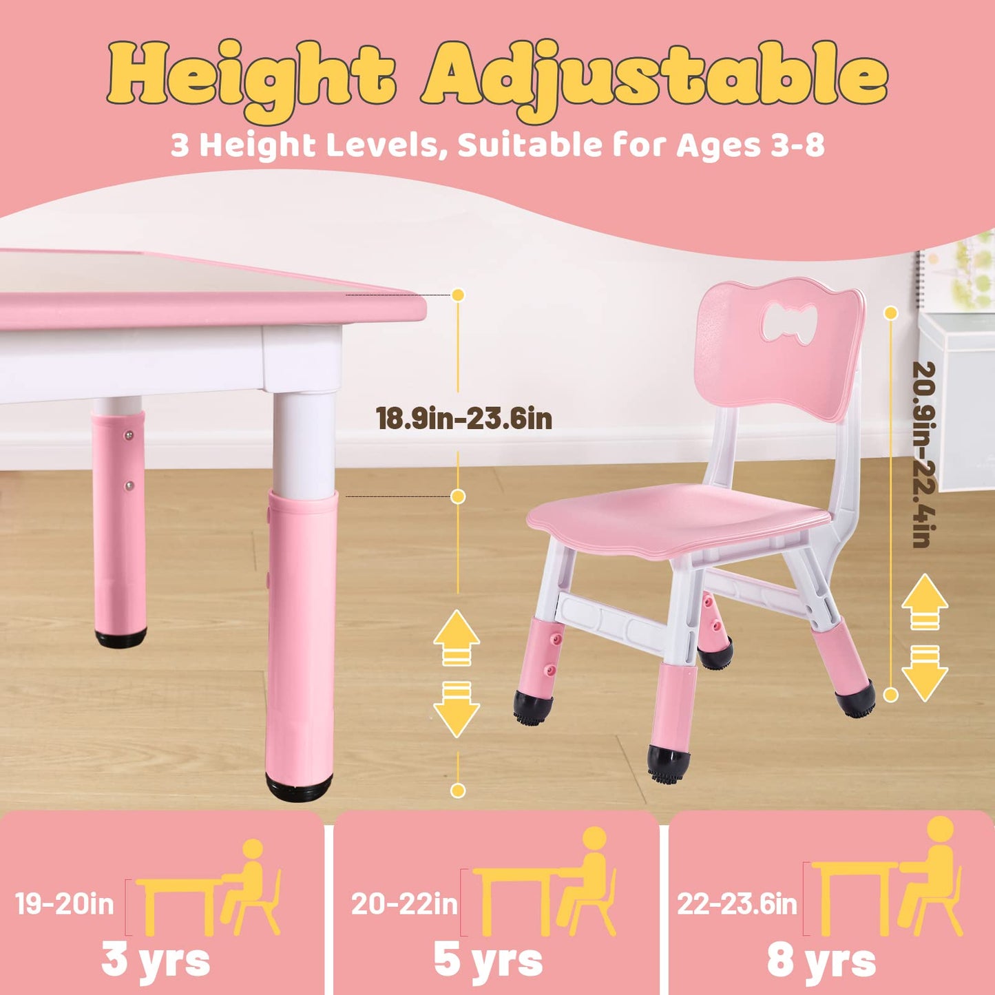 FUNLIO Kids Table and 2 Chairs Set, Height Adjustable Toddler Table and Chair Set for Ages 3-8, Easy to Wipe Arts & Crafts Table, for