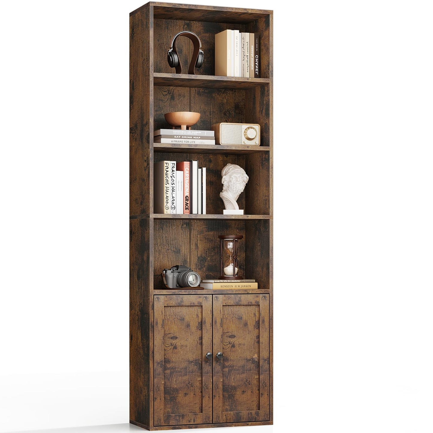 Coleshome 6-Tier Bookcase With Doors, Storage Cabinet, 176.4 cm, Brown