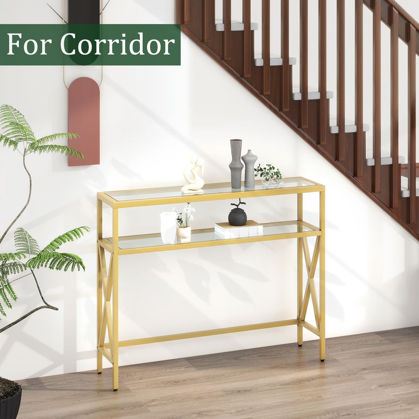 YMYNY Console Table, Tempered Glass Sofa Table, Industrial Entryway Table for Hallway, Narrow Sofa Table with Shelves