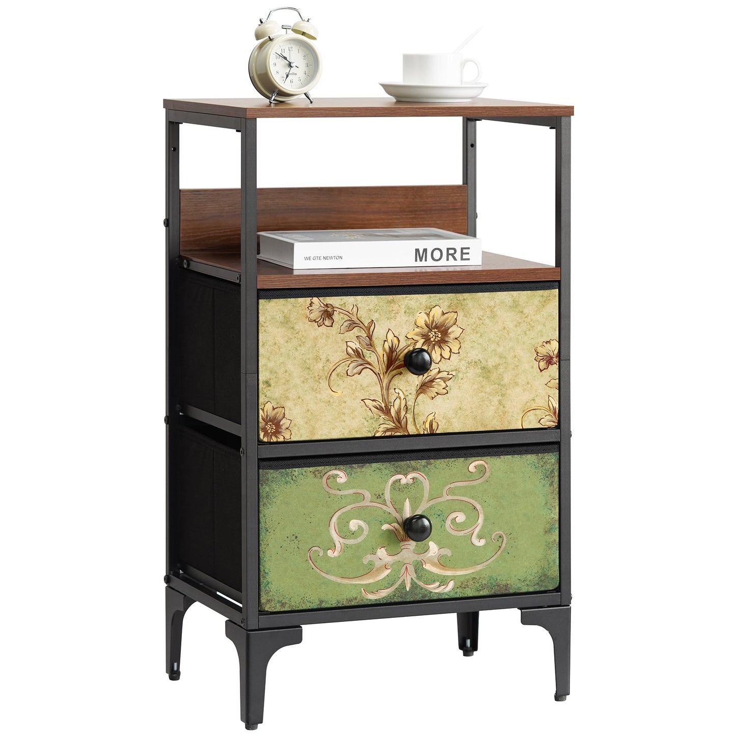 LYNCOHOME Bedside Table with 2 Drawers,Fabric Bedroom Furniture, End Table Nightstand with Metal Frame and Fabric Drawers for Bedroom, Living Room
