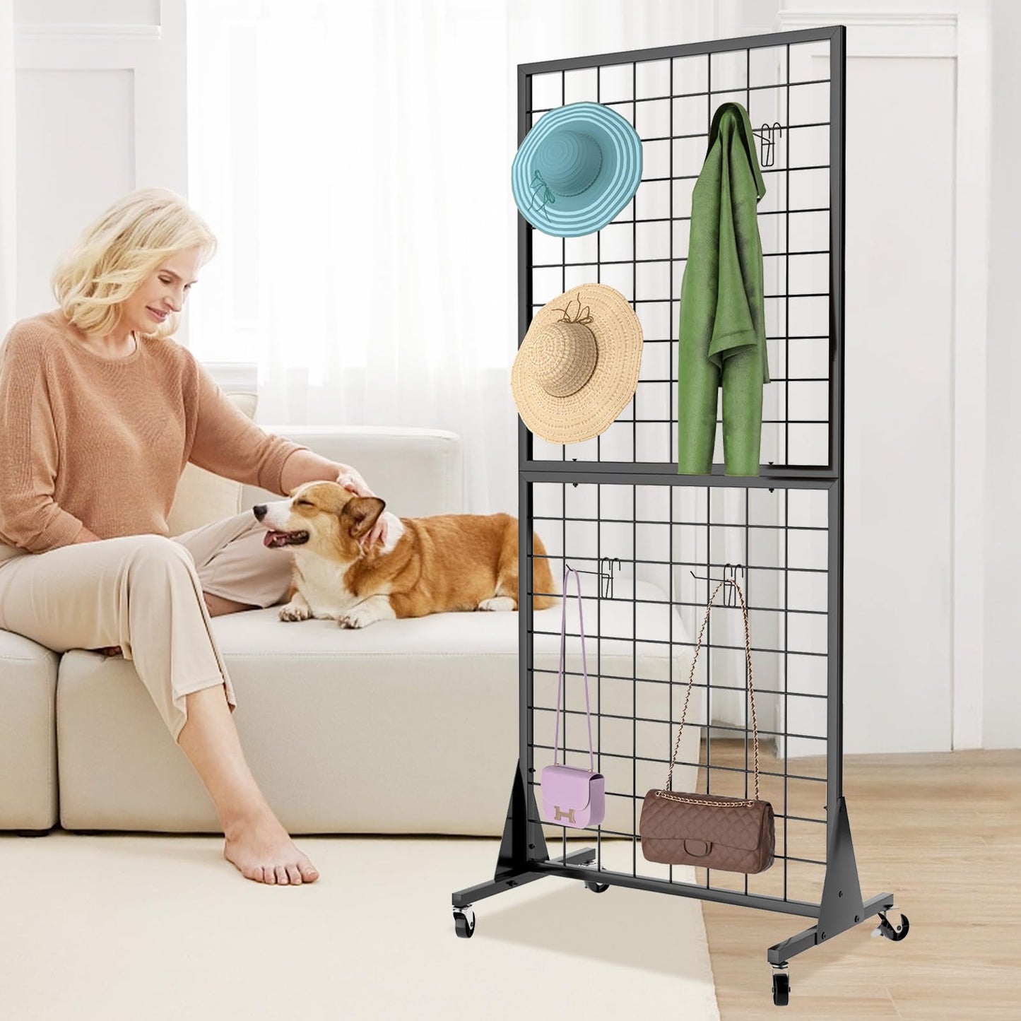 DEYEGELEA Gridwall Panel Display Stands, 2'x5.5' Ft, Heavy-Duty Floorstanding Retail Display Rack with Triangle-Base for Retail Art Fair Show