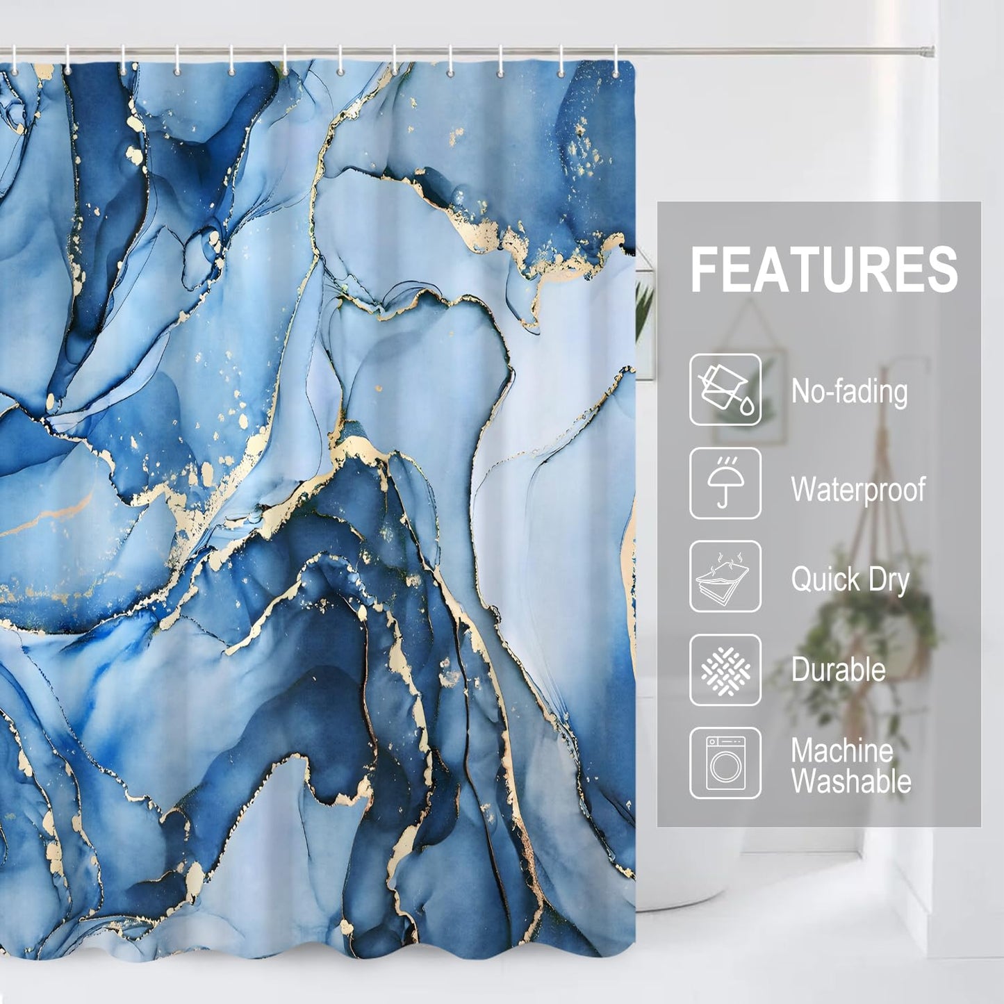 GCIREC Shower Curtain, 180x180cm, Blue Ombre Modern Abstract Art Marble Waterproof Fabric Machine Washable Bathroom Curtain with Hooks