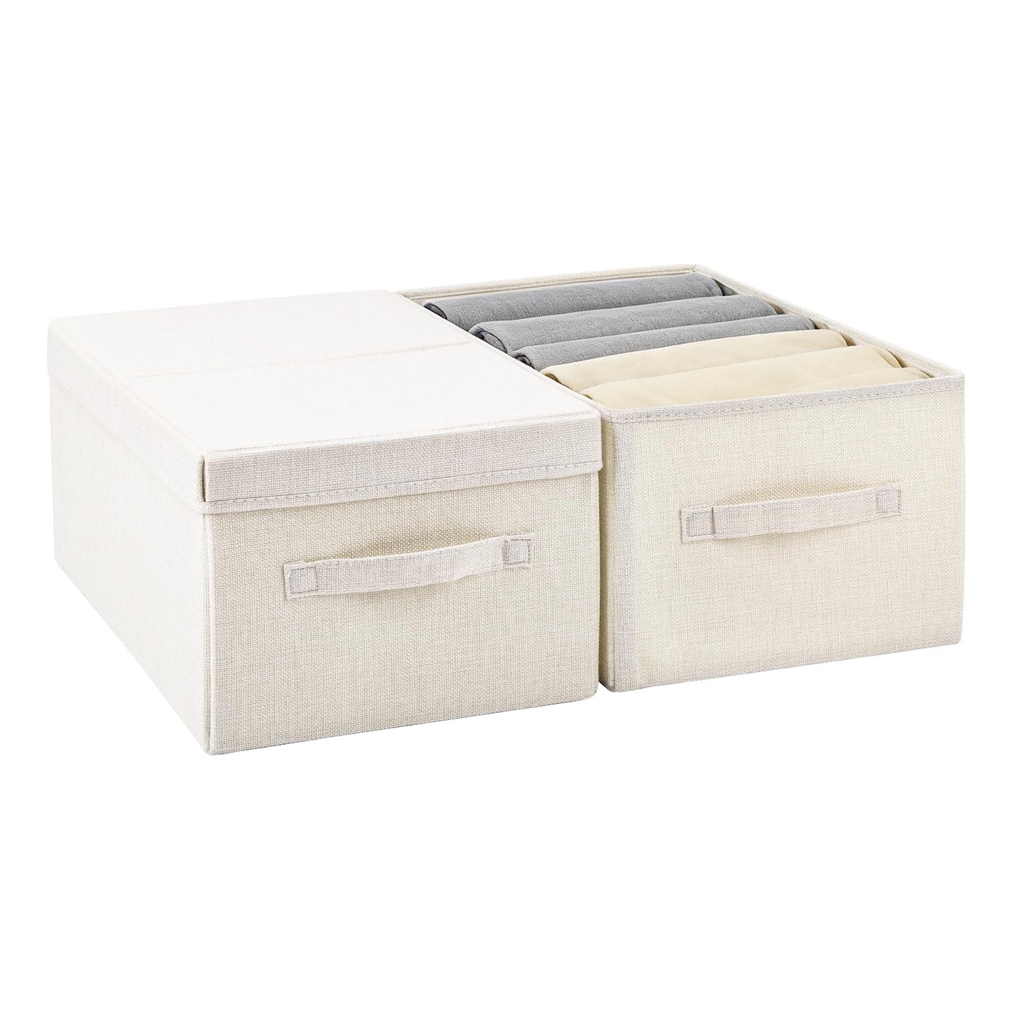 Pomodee Beige Foldable Storage Box with Lids,Set of 2 Large Wardrobe Long Storage Organiser,Collapsible Storage Baskets for