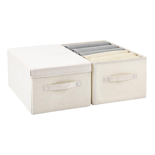 Pomodee Beige Foldable Storage Box with Lids,Set of 2 Large Wardrobe Long Storage Organiser,Collapsible Storage Baskets for