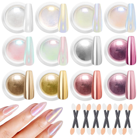 BISHENGYF 12Pcs Chrome Nail Powder - Metallic Mirror Effect & Pearl & Aurora Iridescent Pearlescent Nail Chrome Powder for Gel Nails DIY Manicure Nail