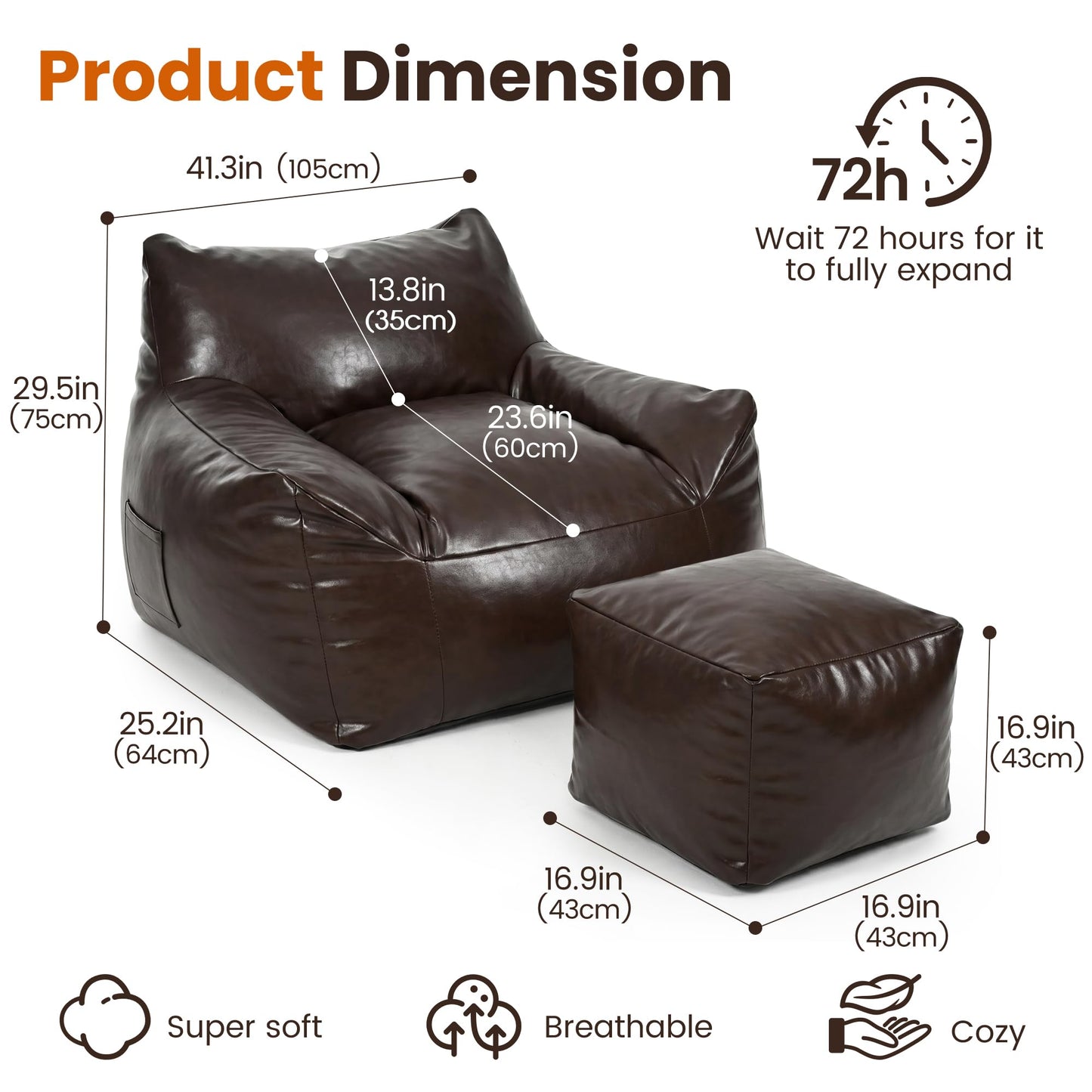 Pamapic Bean Bag, Bean Bag Chair Indoor Outdoor Weather Resistant, Large Beanbag Sofa with Footstool, BeanBag Adult with FIlling Included