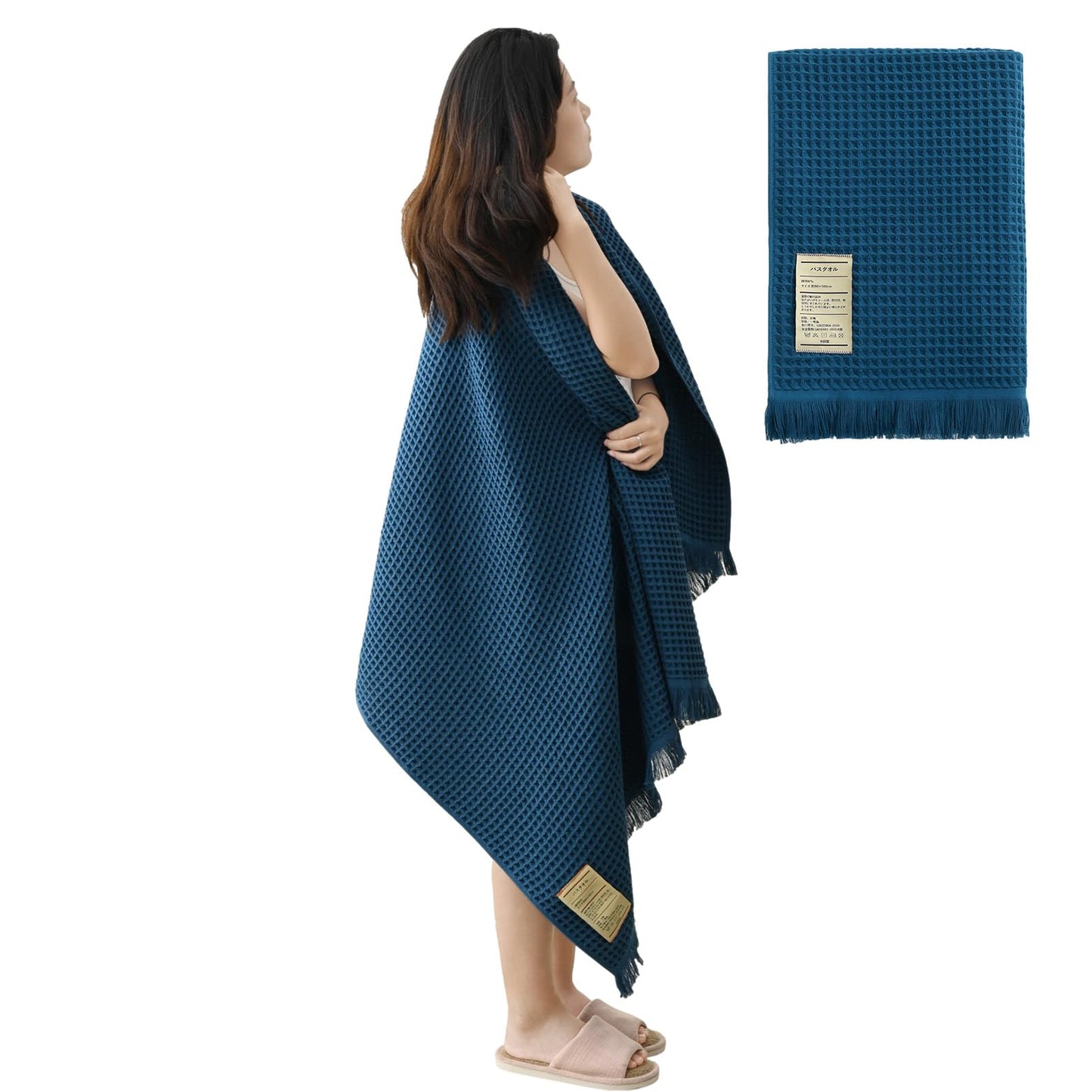 Jamron Pure Cotton Waffle Bath Towel Quick Dry Soft 180x90cm Large Bath Sheet Tassel Shawl SN079108 Blue