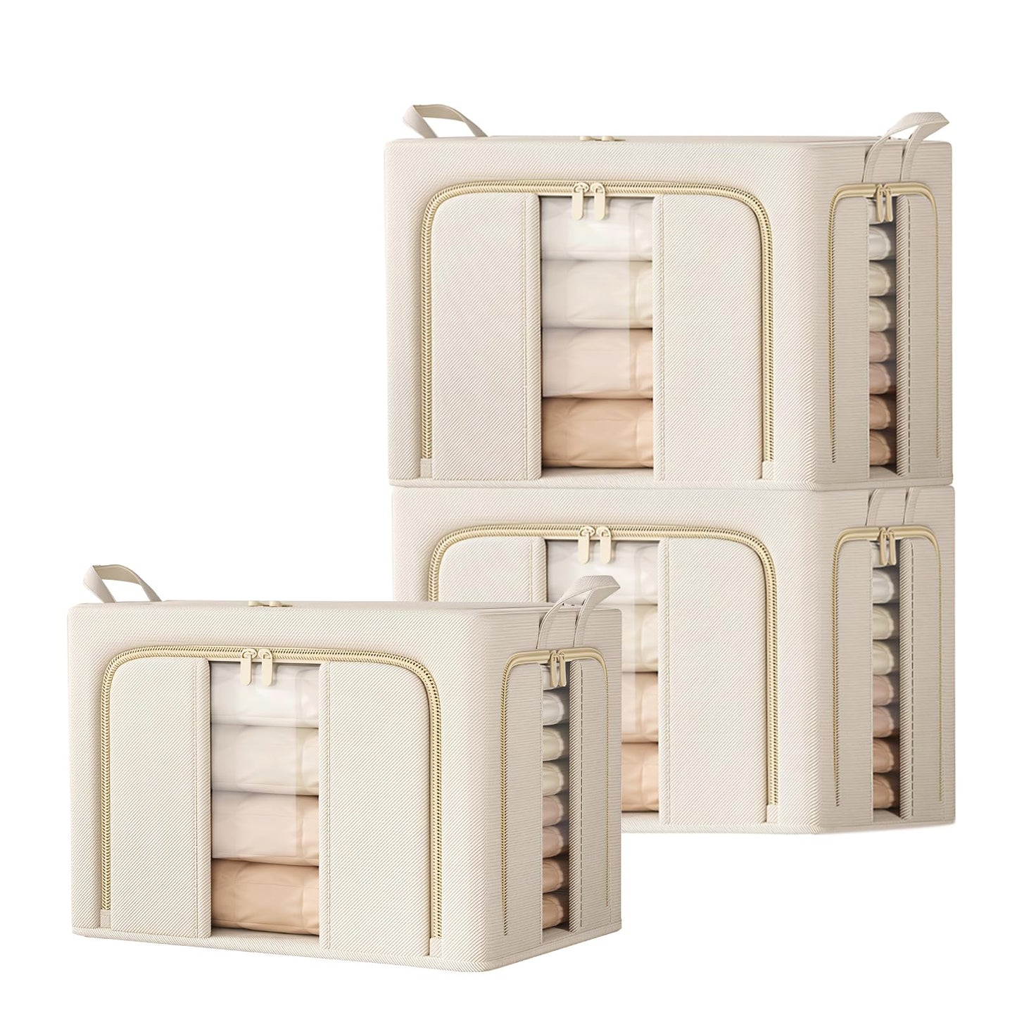 Clothes Storage Boxes with Lid,Upgraded 5.0mm Steel Frame Waterproof Fabric,3-Way Double Zipper Openings & 2 Clear Windows,Better Foldable Storage
