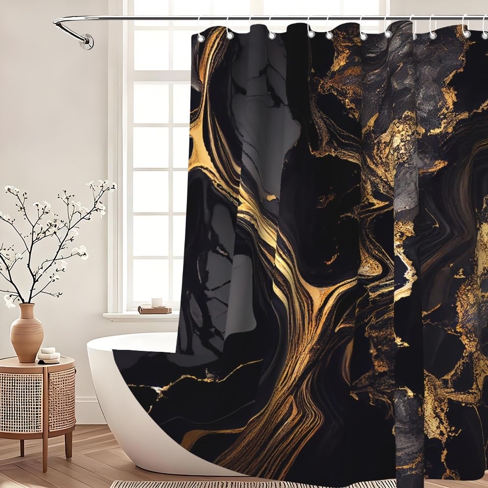 Xiaoterna Marble Shower Curtain Abstract Black Gold Marble Bathroom Curtain Gold Powder Sparkling Modern Luxury Marble Shower Curtain Machine