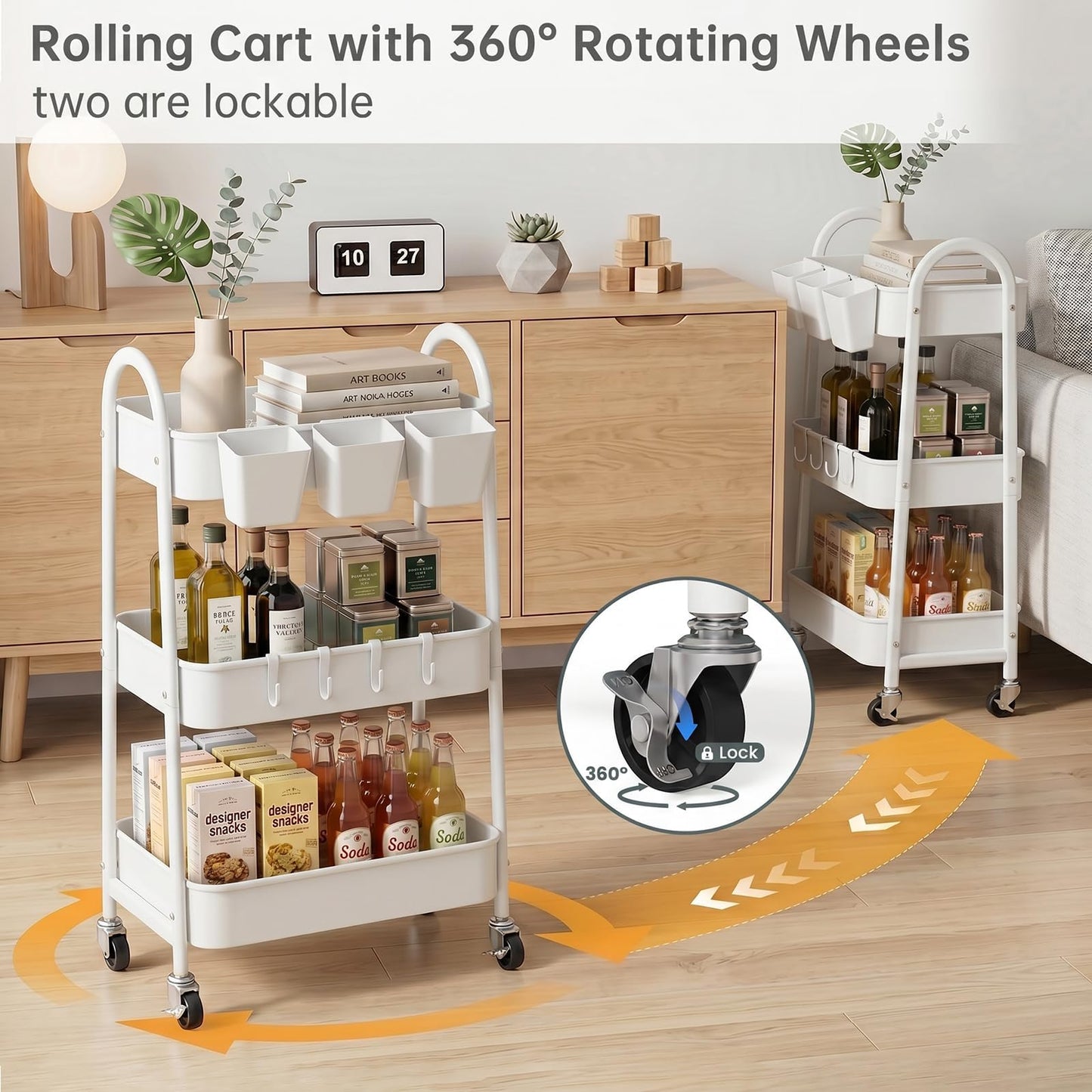 danpinera 3-Tier storage trolley, Metal storage cart with Lockable Wheels & Hanging Cups & Hooks, storage trolley on wheels for bathroom, kitchen