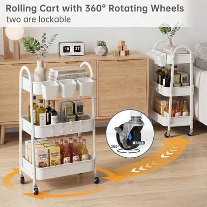 danpinera 3-Tier storage trolley, Metal storage cart with Lockable Wheels & Hanging Cups & Hooks, storage trolley on wheels for bathroom, kitchen