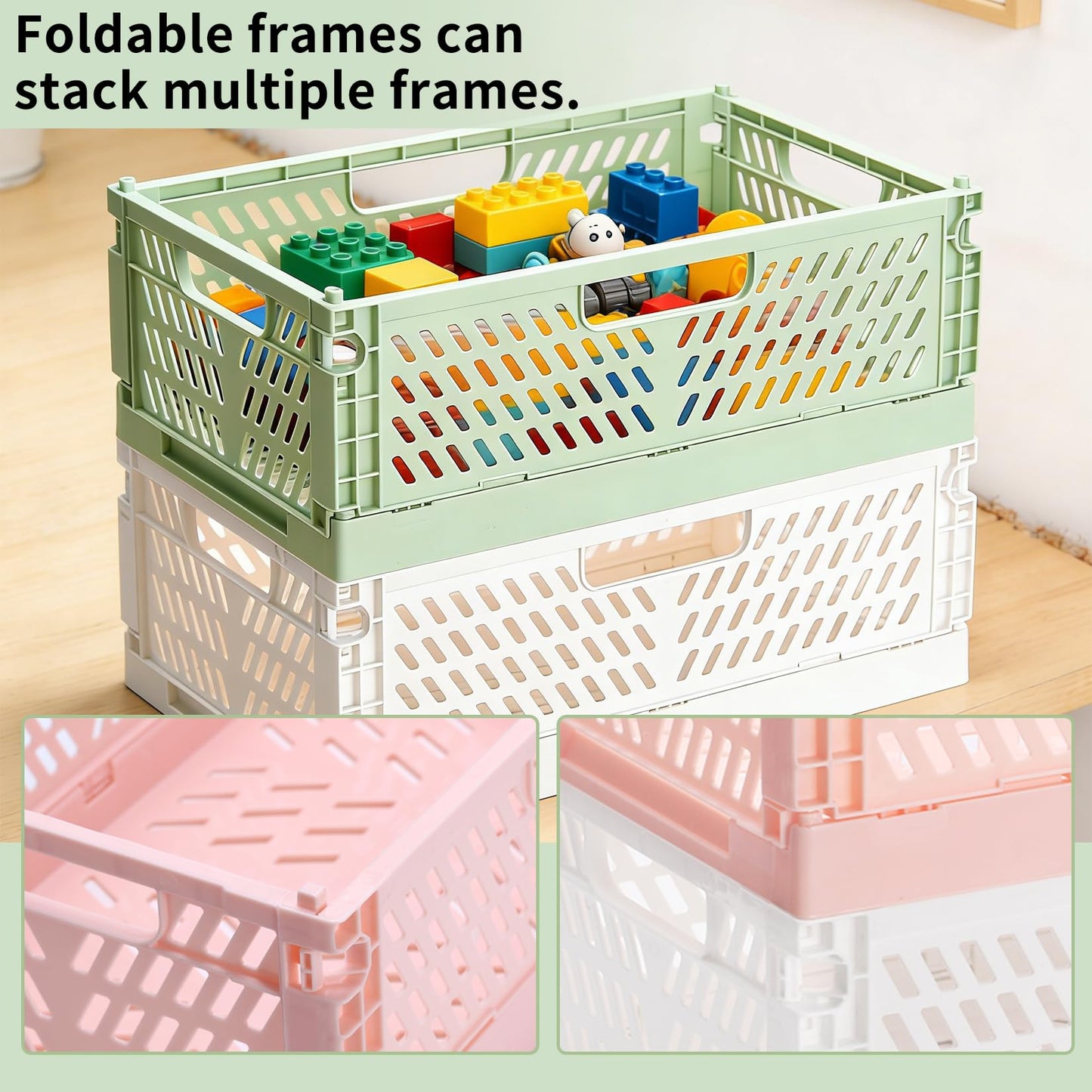 PIANKEKE 2 Pcs Collapsible Storage Box, Plastic Stackable Folding Storage CratesStorage Baskets