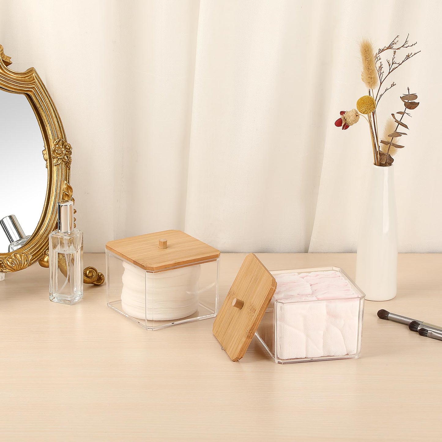 SUMTree 2 PCS Square Qtip Cotton Ball Holder Qtip Dispenser with Bamboo Lid