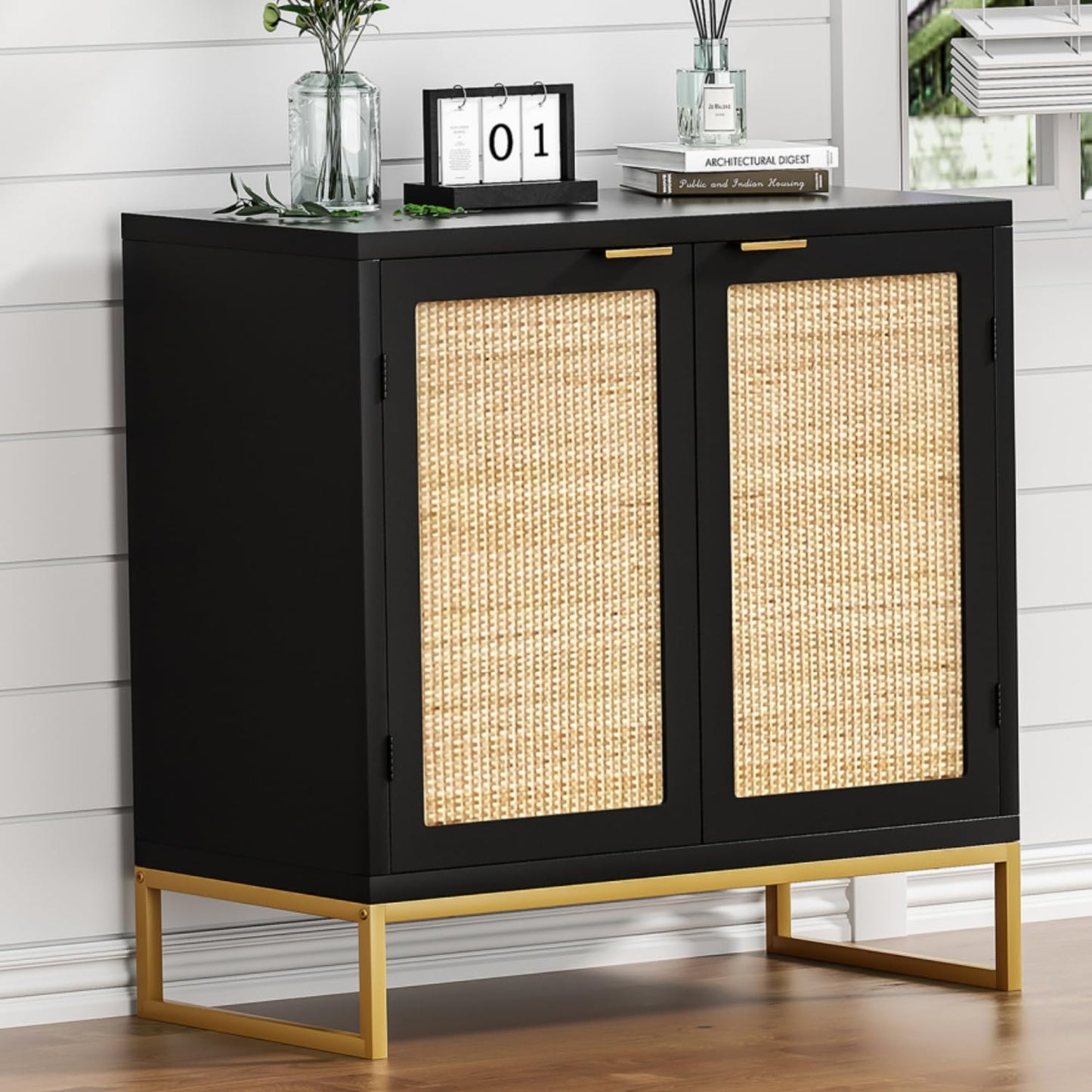Skokliz Accent Cabinet Entryway Storage with Rattan Decorating Living Room Sideboard Narrow Storage Cupboard