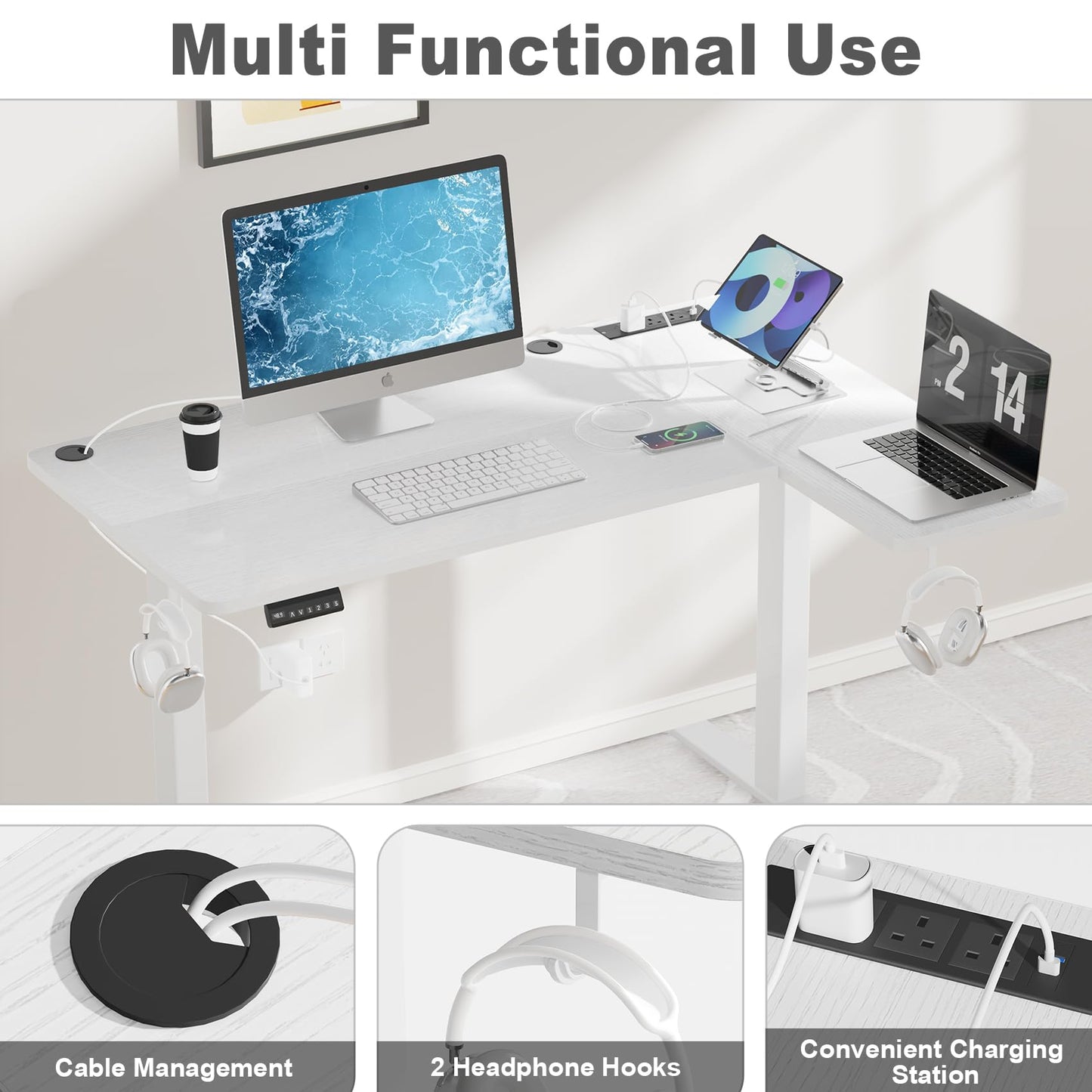 COWISH Electric Standing Desk 120x60cm Sit Stand Table Height Adjustable L Shaped Standing Desk with Built-in Power Outlet & Memory Smart Panel, White