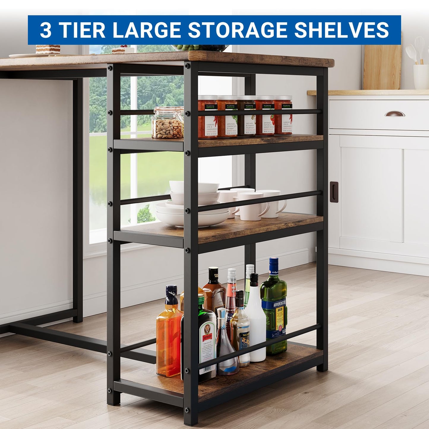 Crevyteg Compact 3-Piece Breakfast Bar Set for Small Spaces - Includes Storage Shelf Table & 2 High-Back PU Leather Stools