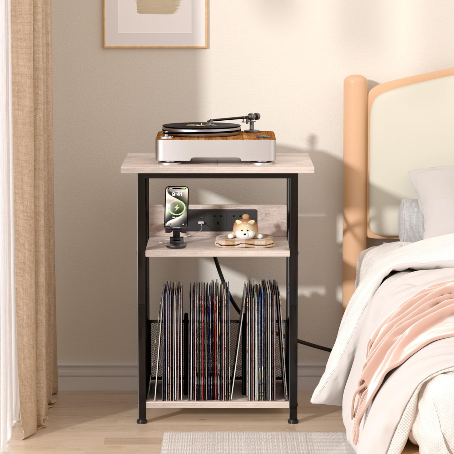 AMHANCIBLE Record Player Stand with Charging Station, Vinyl Record Storage