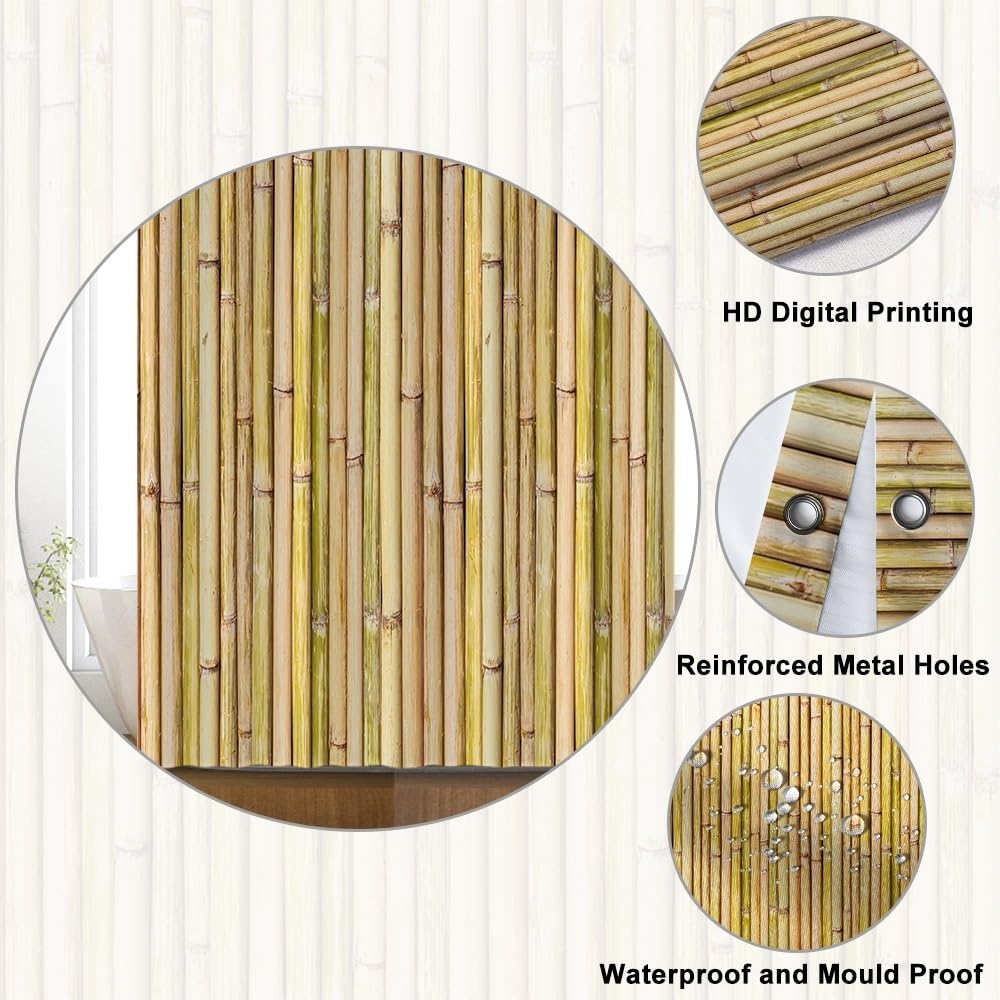 Uiiooazy Bamboo Shower Curtain, Zen Yellow Bamboo Stems Oriental Theme Bath Curtain Mildew and Mould Resistant Waterproof Polyester Fabric Washable
