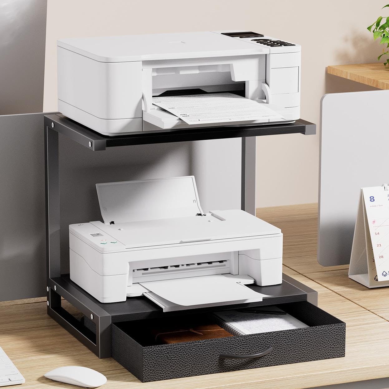 OYRREU 2-Tier Desktop Printer Stand with Fabric Drawer for Storage, Black