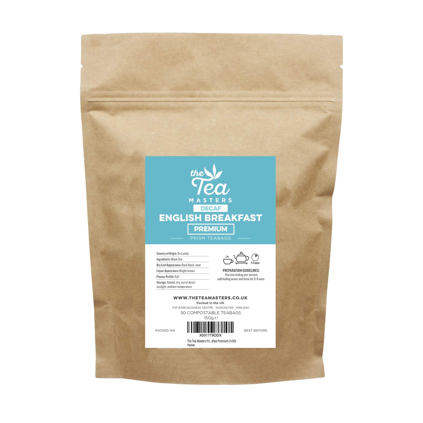 The Tea Masters Prism Teabags - 50 Pcs Premium English Breakfast Decaf Tea Bags - 100% Richly Flavoured Black Tea Leaves - English Breakfast Tea Bags