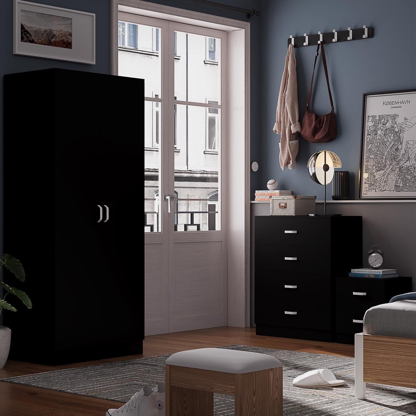 FWStyle Tunis Matt Black 2 Door Wardrobe Metal Handles, Rail & Soft Close Hinges