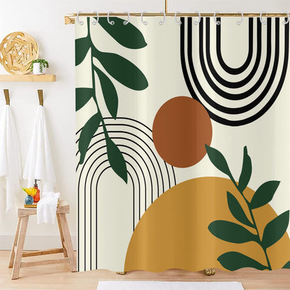 Hnmdmyi Boho Shower Curtain 165x180, Mid Century Abstract Arch Sun Green Leaf Beige Bathroom Curtains Modern Minimalist Aesthetic Art Waterproof