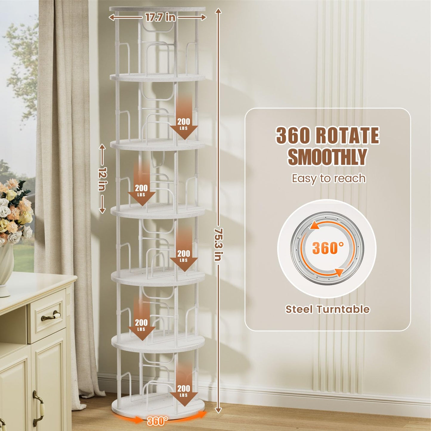 OCTORO 6 Tier Rotating Bookshelf, 360° Corner Bookshelf Tower, Round Revolving Bookcase with Adjustable Levels, Spinning Book Shelf for Home Office