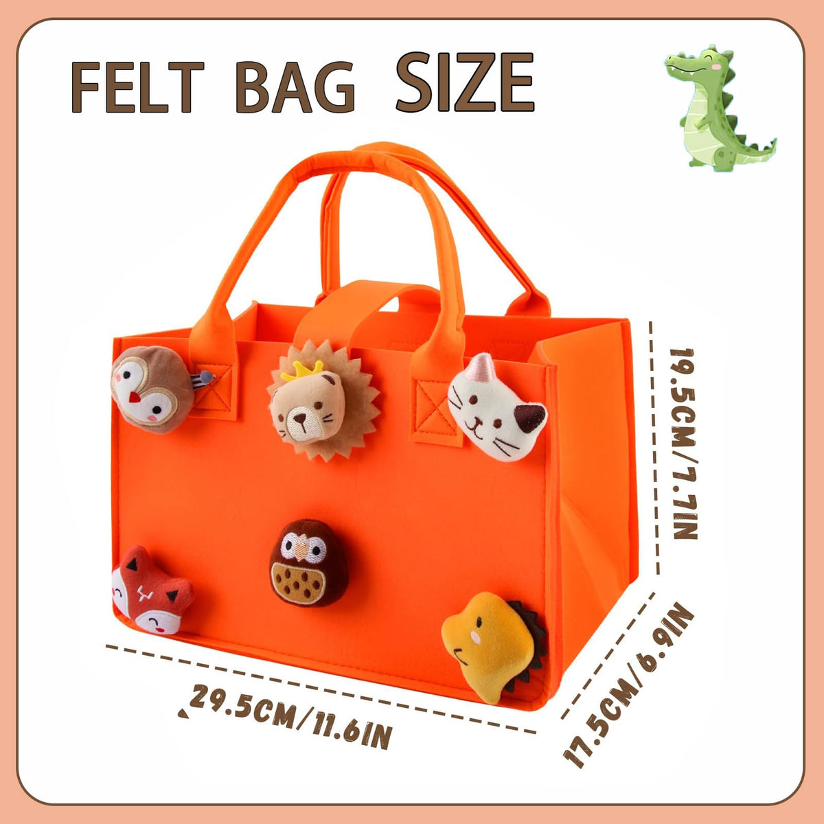 HUANYO Felt Storage Bag for Kids, 30x20x18 cm Colourful Toy Organiser with Handles, DIY Gift Bag for Holidays, Birthday, Christmas Presents orange