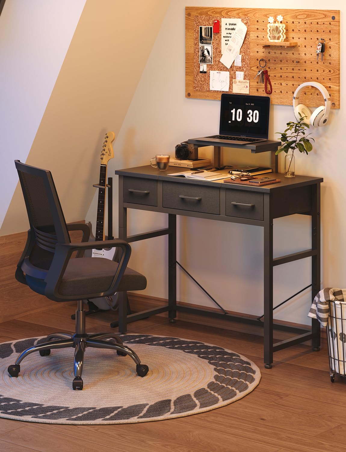 KitMent Small Desk with 3 Fabric Drawers, Small Computer Desk with Adjustable Monitor Stand and Hook, 76x36cm Table for Makeup Vanity