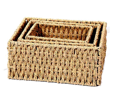 Pykrudo 3 Pack Seagrass Storage Baskets, Hand-Woven Baskets for Shelves and Bedroom and Home Office