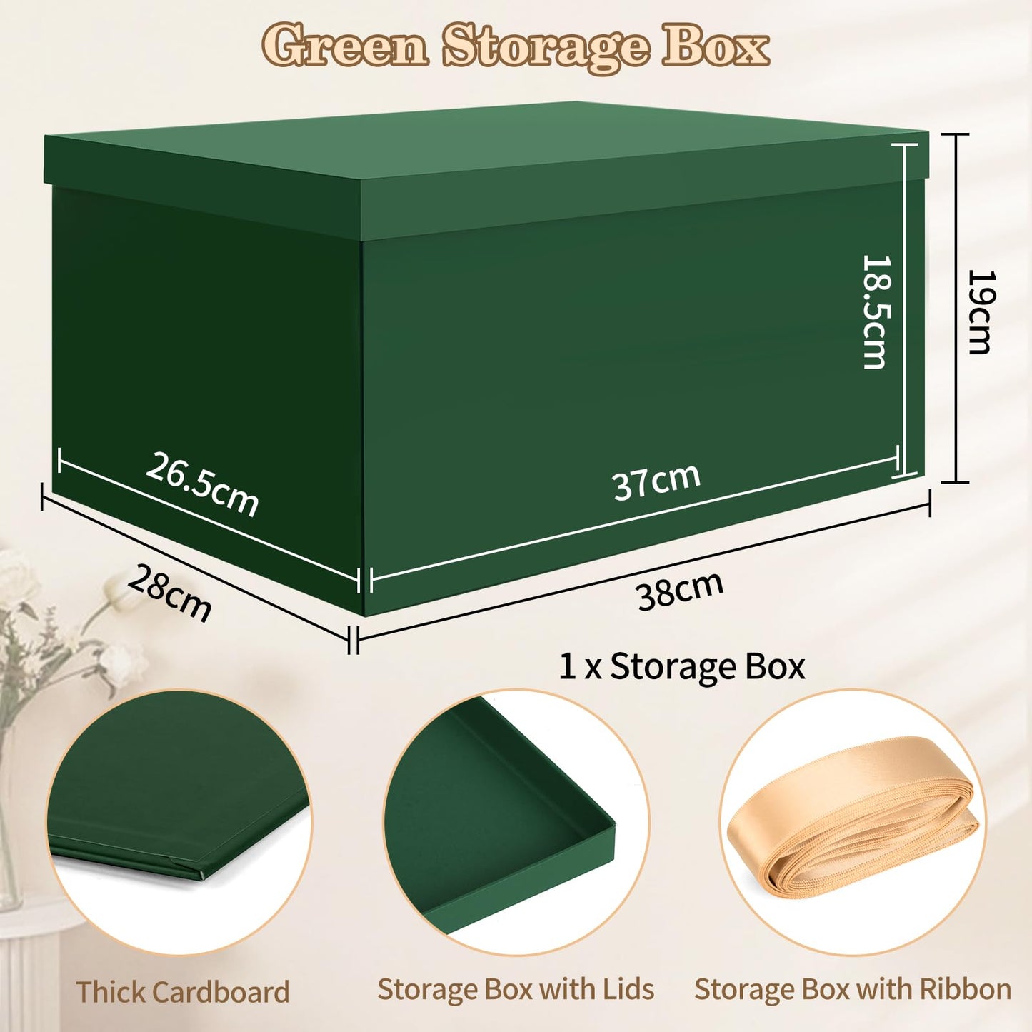 KISPATTI Storage Box, Green Storage Boxes with Lids 38 x 28 x 19 cm Large Storage Box with Ribbon Cardboard Storage Boxes for Home Bedroom Living
