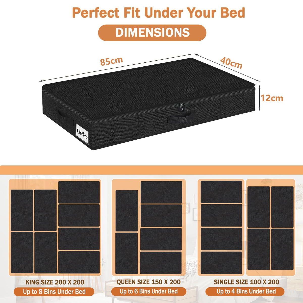 12 cm Tall 40L Under Bed & Sofa Storage Boxes with Zipped Lids, Slim Low Profile Under Bed Storage Boxes w/Sturdy Sides, Base