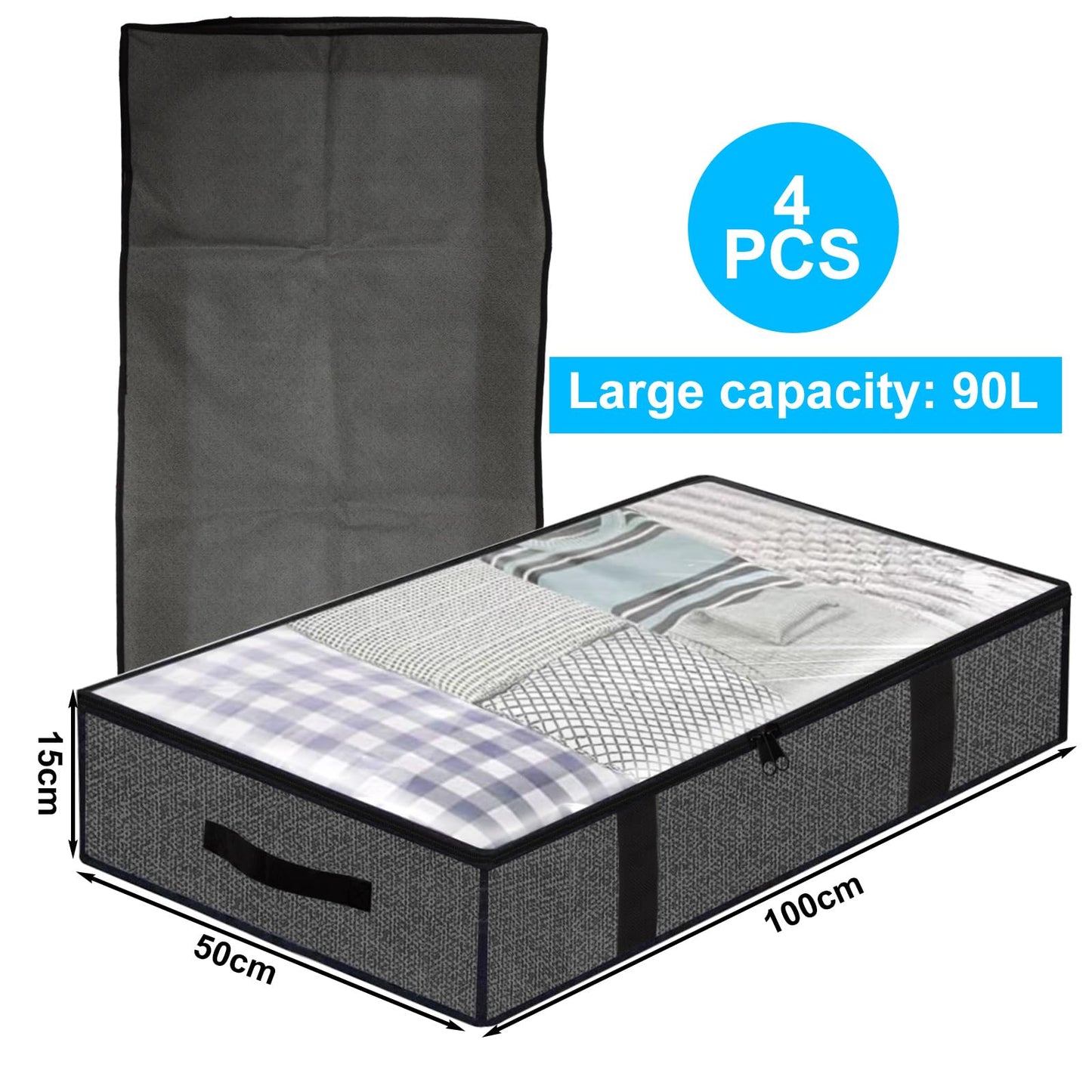 ASelected 90L Under Bed Storage 4pcs Foldable under bed storage PVC Window Clothes Storage Organiser Zips andHandles for Duvets, Clothes, Shoes
