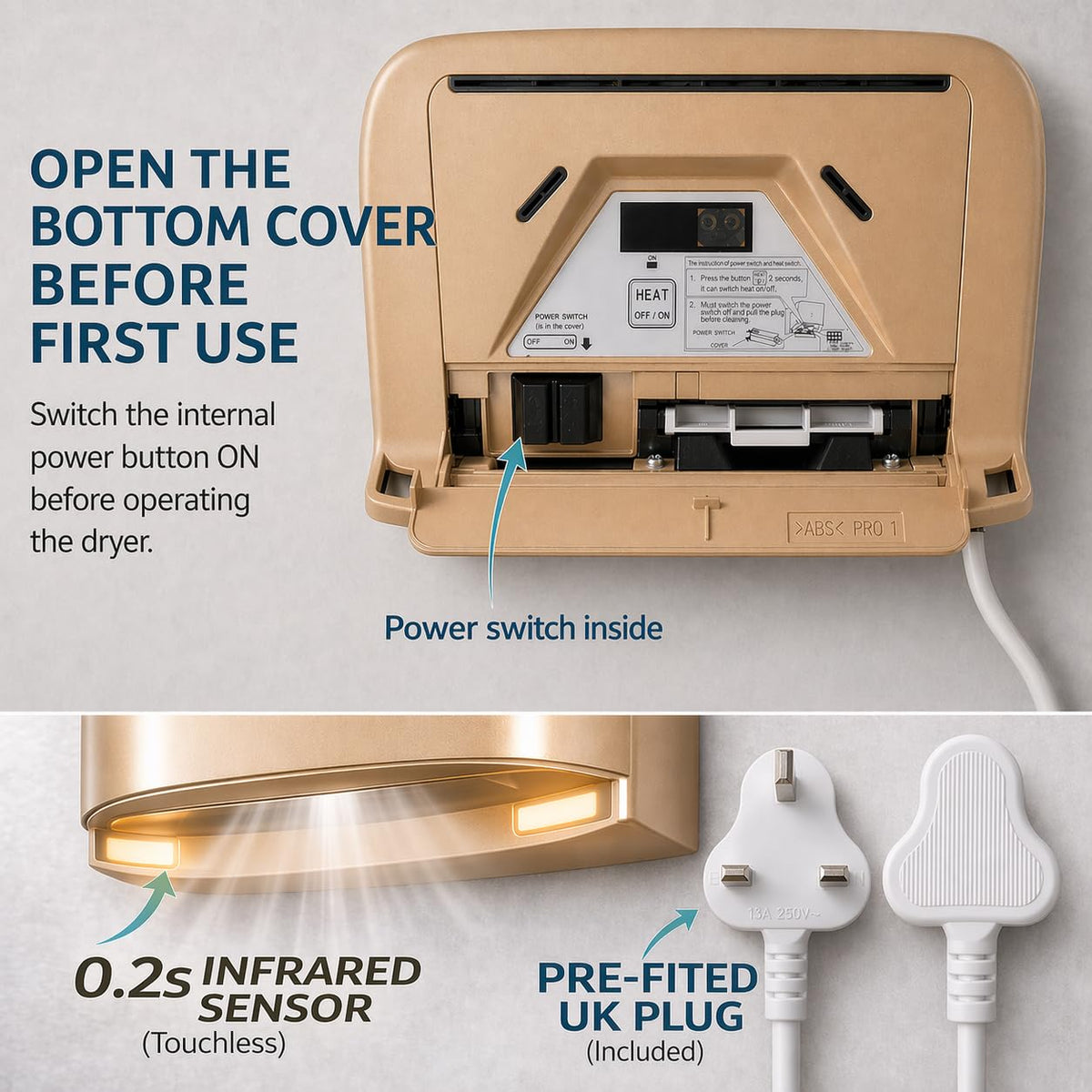 BESTXH 1250W Gold Automatic Touchless Hand Dryer with UK Plug, Rust-Proof ABS