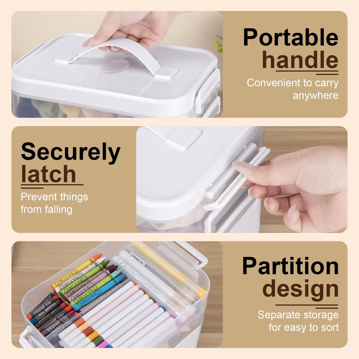 Creahaus 3 Layers Multipurpose Storage Box Organiser with Removable Trays, Stackable Art Craft Storage Box Case with Handle