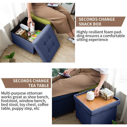 BRIAN & DANY Folding Ottoman Storage Box with Wood Legs, Linen Foot Stool, Footstool with Storage, Highly Elastic Sponge Filling, Navy Blue, 38 x 38 x