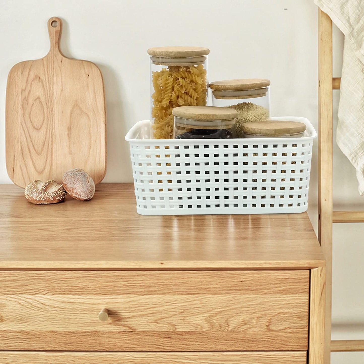 Vcansay Plastic Storage Basket, Woven Plastic Basket, White, 6 Packs
