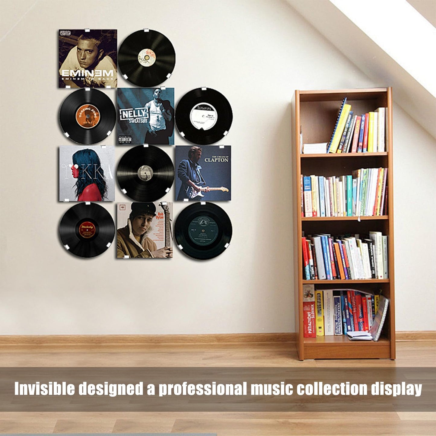 12pcs Vinyl Wall Mount, Vinyl Holder Self-Adhesive Vinyl Record Display Vinyl Shelves No Drill Acrylic Album Storage Hanger Clear Record Wall Mount