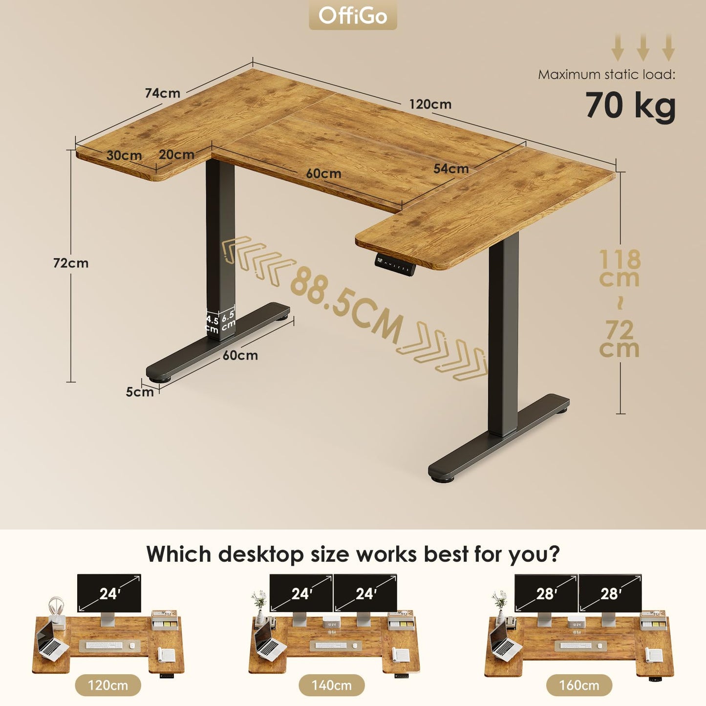 OffiGo Height Adjustable Desk, U Shaped Standing Desk with 3 Memory Presets