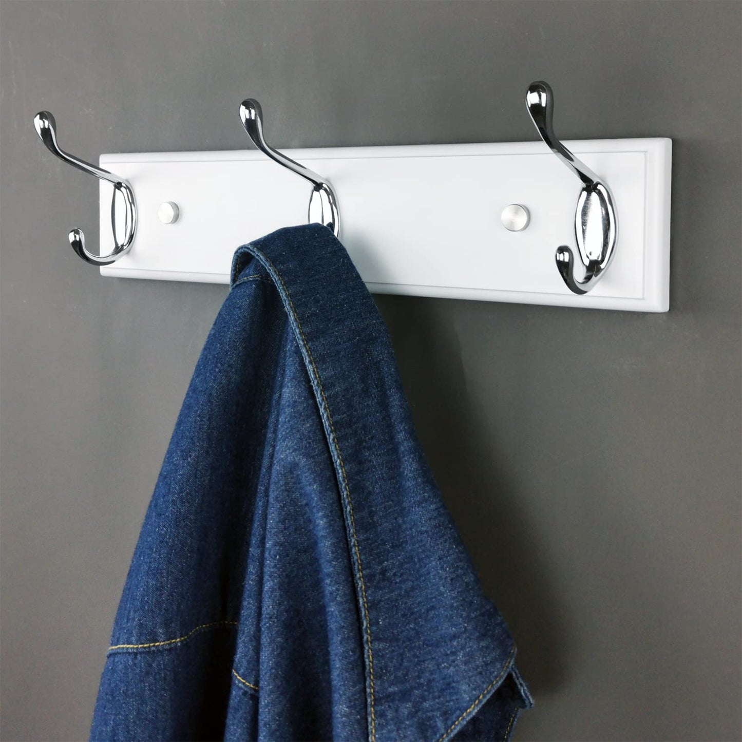 Lomejii Wooden Wall Coat Rack with 3 Silver Hooks, 31 cm, Strong Hook Rail for Hat, Bag, Large Modern Coat Rack for Entrance, Hallway, Bedroom, White