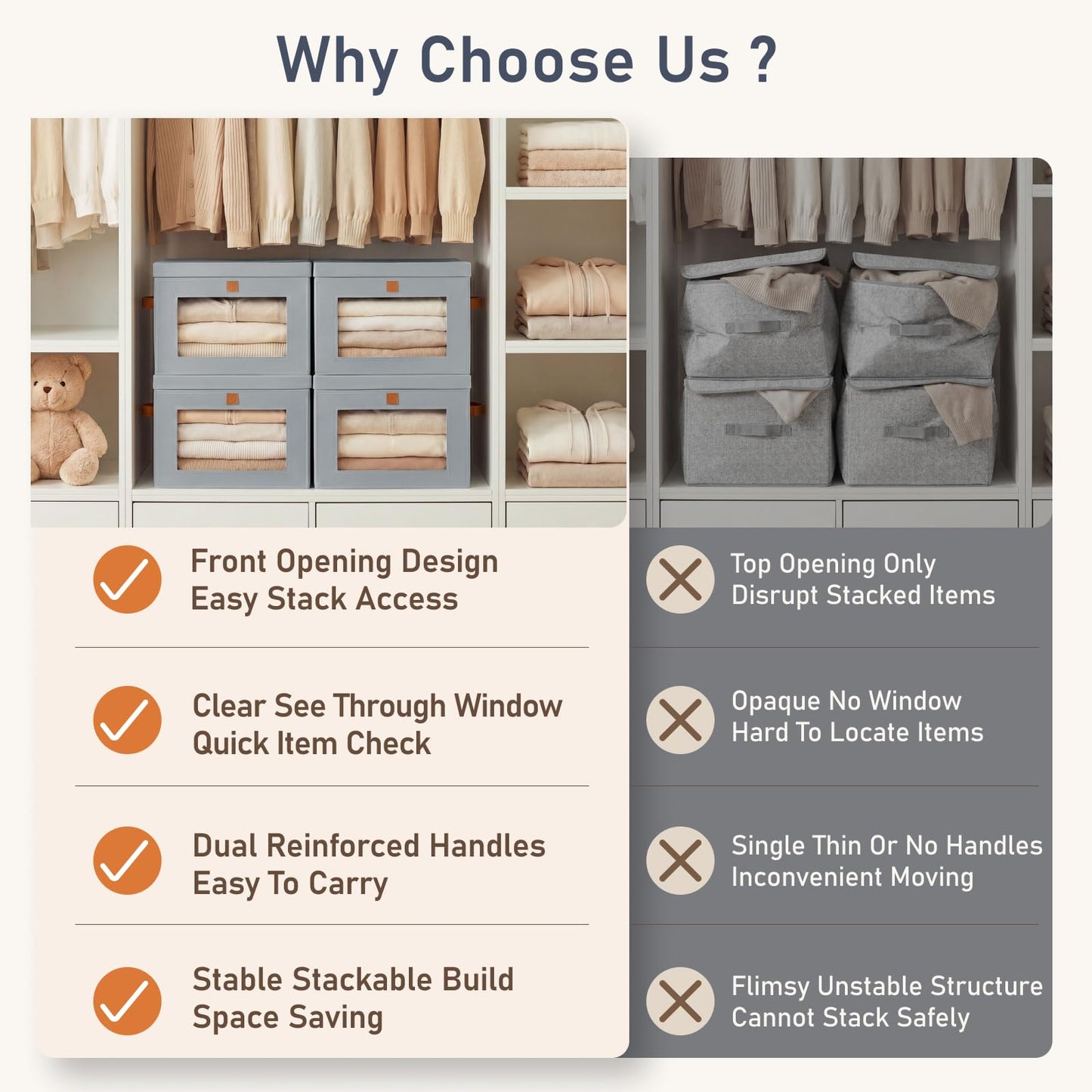 Homsorout Fabric Storage Boxes with Lids with Dual-access Design 22L Grey