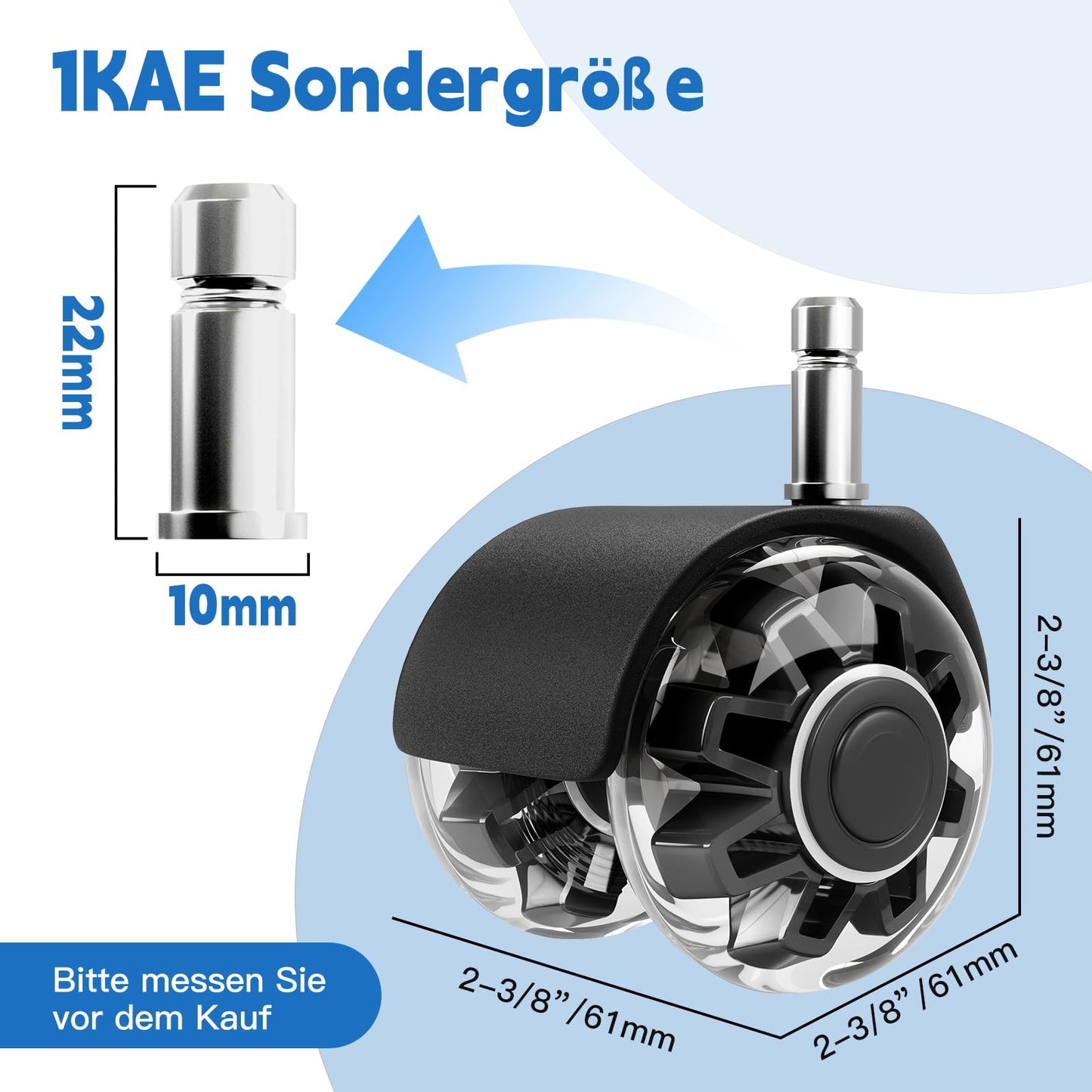 Replacement Office Chair Wheels (1000 kg) - 10 x 22 mm Wheels for Office Chairs, Smooth and Quiet Hard Floor Castors