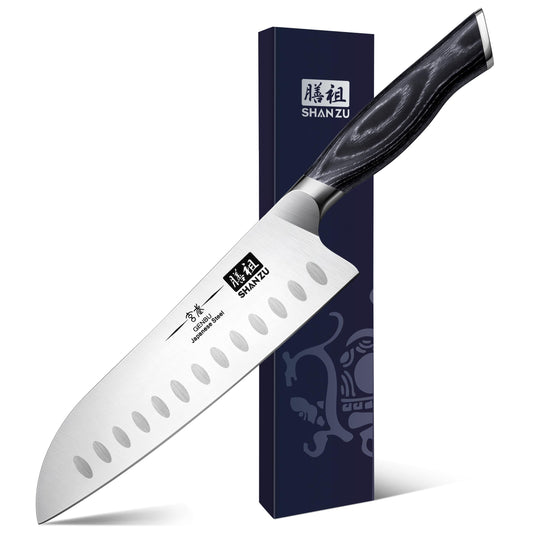 SHAN ZU 7 Inch Santoku Knife, Japanese Chef Knife Kitchen Knife, Super Steel Sharp Vegetable Meat Cooking Knife with K133 Ergonomic Handle- Genbu